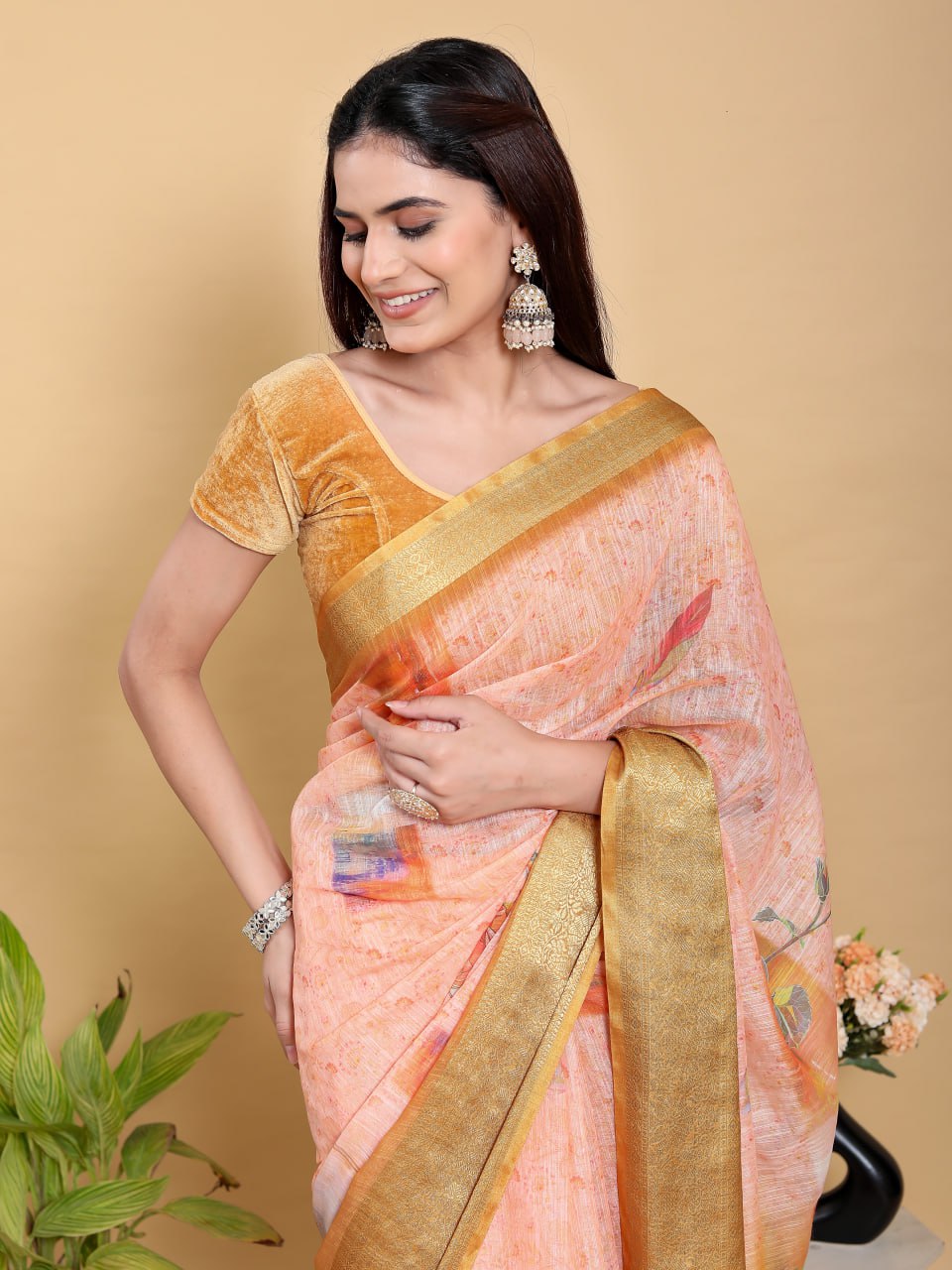 Abstract Peach & Gold Floral Linen Cotton Saree | Jacquard Patta Saree with Antique Gold Border